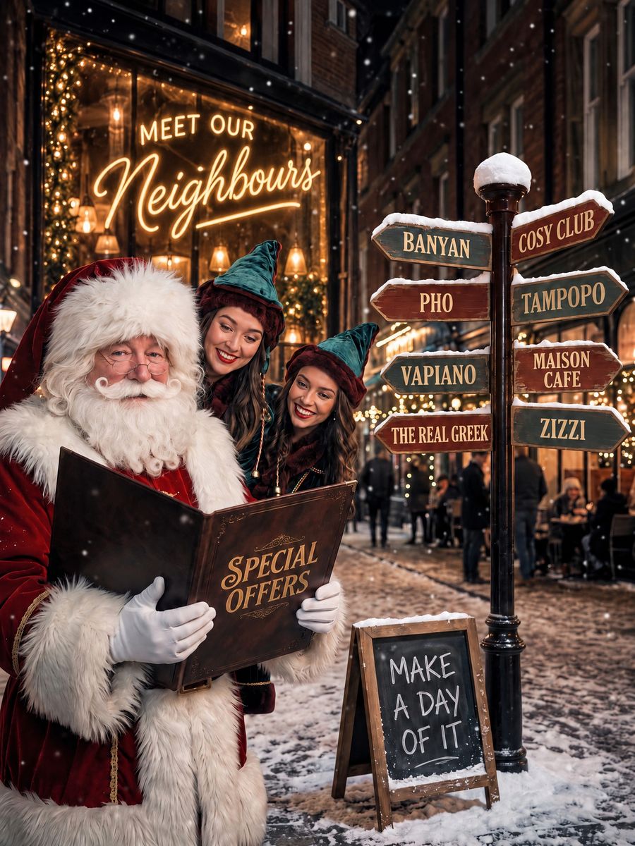 Santa and two elves reading a Special Offers menu beside a signpost to Banyan, Cosy Club, Maison Cafe, Pho, Tampopo, The Real Greek, Vapiano and Zizzi