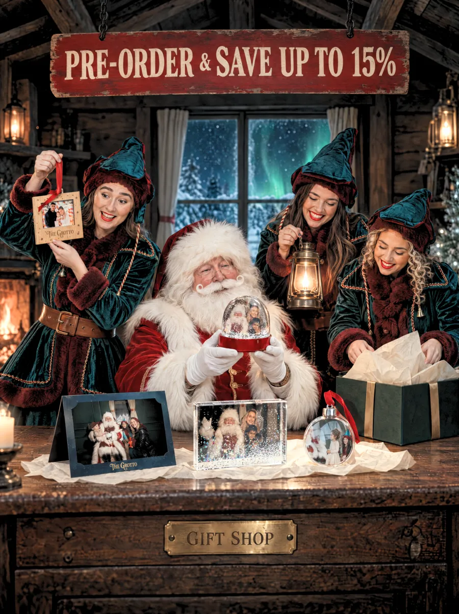 Santa and his elves in the gift shop workshop with the keepsakes: a card frame, a snow frame, a bauble, a snow globe and a wooden hanging frame, under a sign reading Pre-order and save up to 15%